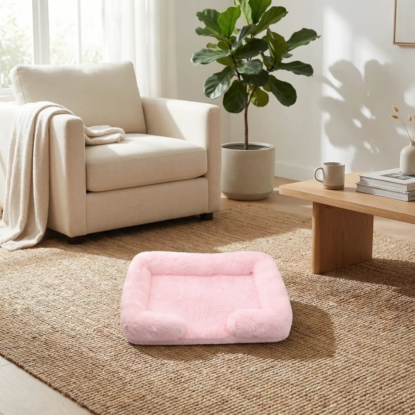 Panier_pour_petit_chien_chihuahua-déhoussable-coussin rectangulaire avec rebord surélevé en traversin qui sert d'oreiller ergonomique à 360° rembourrage 100% coton haute densité pour un effet anti stress et anti anxiété-housse en peluche ultra douce, hypoallergénique, imperméable, antidérapant et lavable en machine pour chiot et chien race naine et miniature  de 0 à 2 kg max-de couleur rose pâle