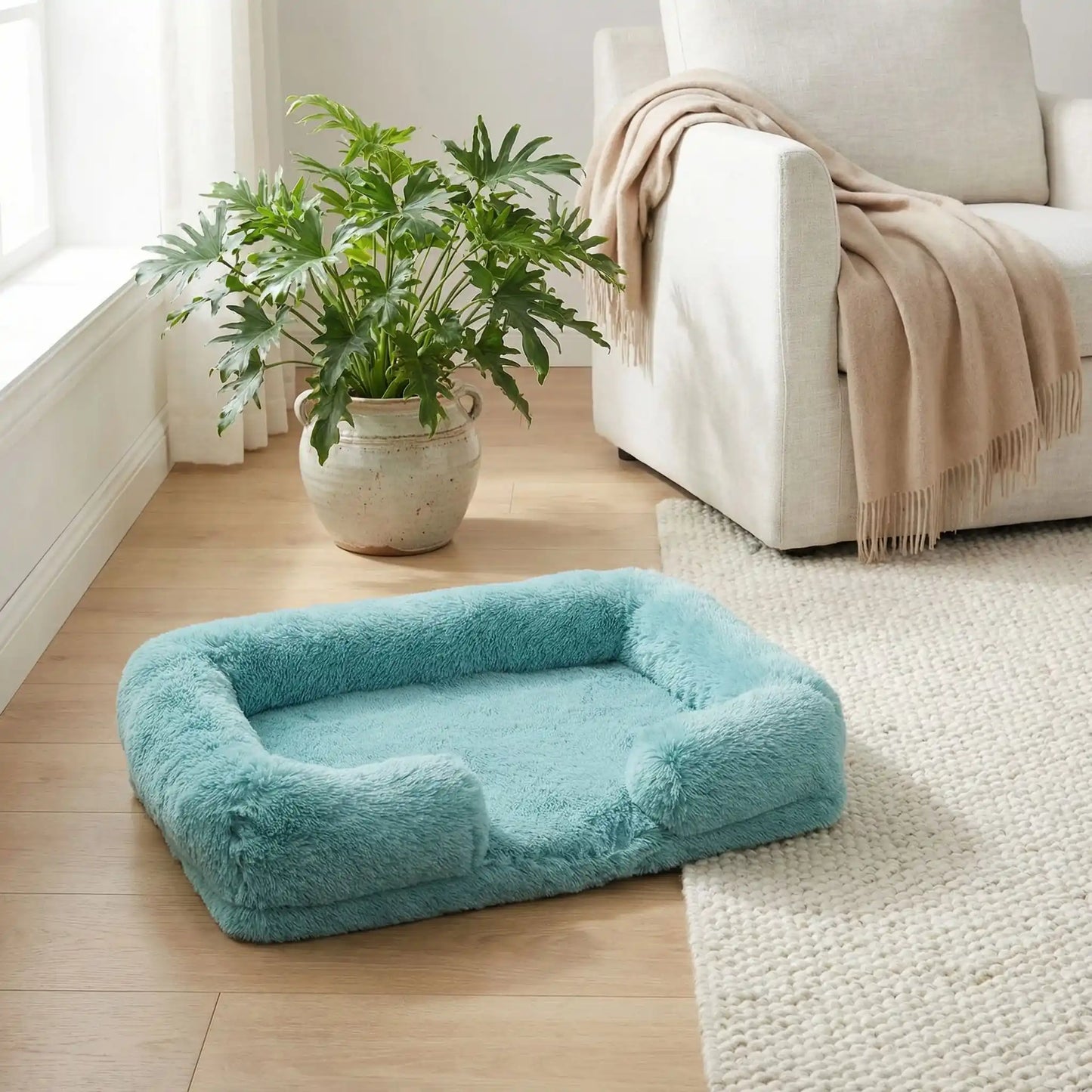 Panier_pour_petit_chien_chihuahua-déhoussable-coussin rectangulaire avec rebord surélevé en traversin qui sert d'oreiller ergonomique à 360° rembourrage 100% coton haute densité pour un effet anti stress et anti anxiété-housse en peluche ultra douce, hypoallergénique, imperméable, antidérapant et lavable en machine pour chiot et chien race naine et miniature  de 0 à 2 kg max-de couleur vert clair