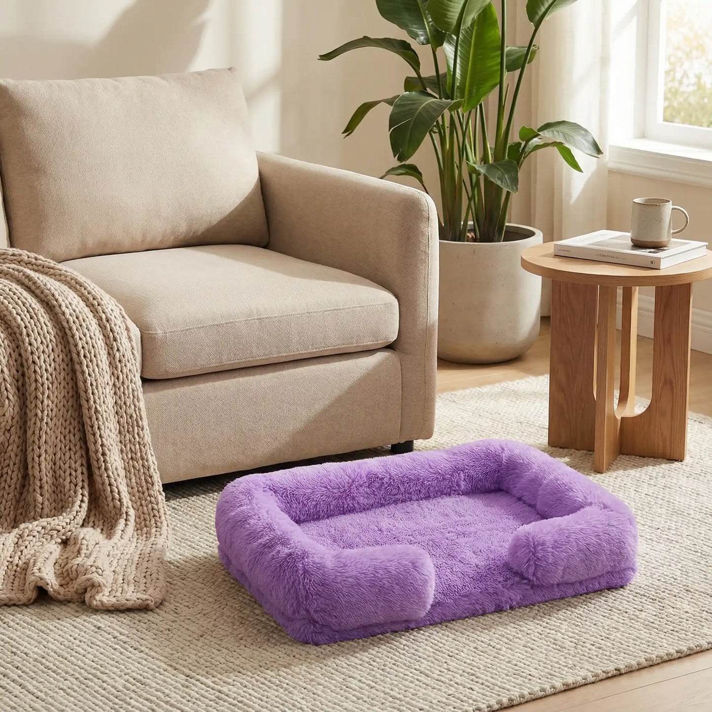 Panier_pour_petit_chien_chihuahua-déhoussable-coussin rectangulaire avec rebord surélevé en traversin qui sert d'oreiller ergonomique à 360° rembourrage 100% coton haute densité pour un effet anti stress et anti anxiété-housse en peluche ultra douce, hypoallergénique, imperméable, antidérapant et lavable en machine pour chiot et chien race naine et miniature  de 0 à 2 kg max-de couleur mauve