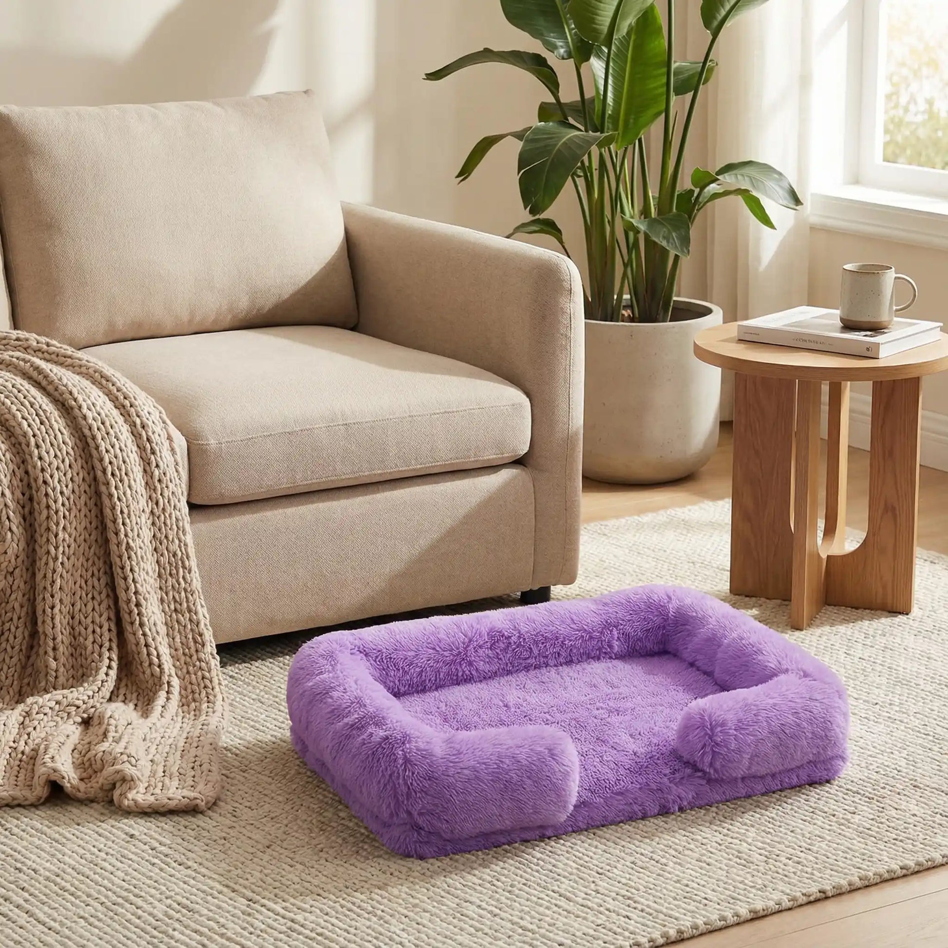 Panier_pour_petit_chien_chihuahua-déhoussable-coussin rectangulaire avec rebord surélevé en traversin qui sert d'oreiller ergonomique à 360° rembourrage 100% coton haute densité pour un effet anti stress et anti anxiété-housse en peluche ultra douce, hypoallergénique, imperméable, antidérapant et lavable en machine pour chiot et chien race naine et miniature  de 0 à 2 kg max-de couleur mauve