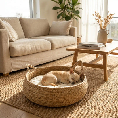 Panière-chien-chiot-osier-taille-xs pour chiot et chien de race naine ou petite de 0 à 3 kg avec coussin intérieur matelassé épais et rembourré 100% coton haute densité lavable en machine-un chihuahua qui dort paisiblement dans son panier en osier rond sur le coussin avec rebord épais et moelleux de couleur blanc sur le sol du salon de la maison
