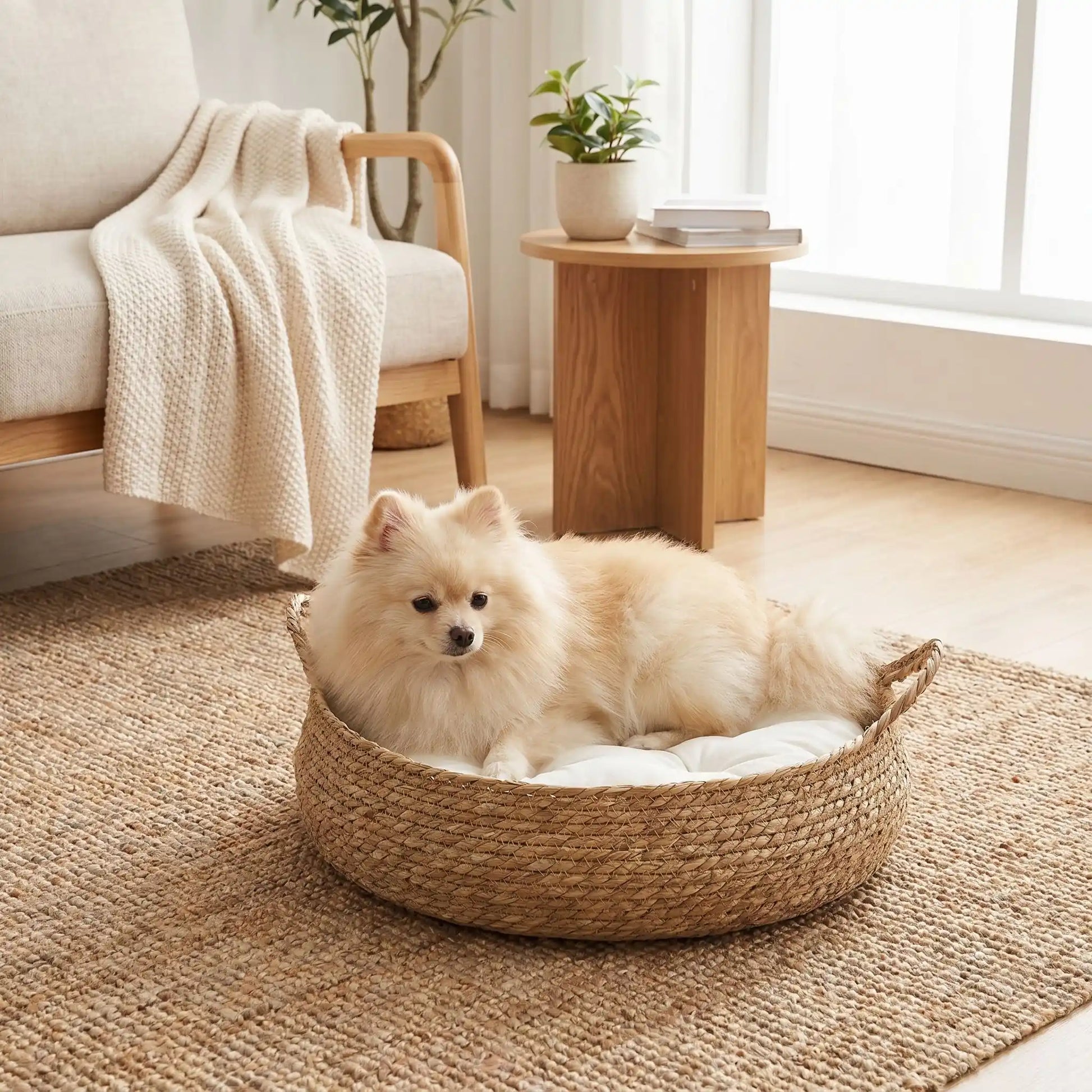 Panière-chien-chiot-osier-taille-xs pour chiot et chien de race naine ou petite de 0 à 3 kg avec coussin intérieur matelassé épais et rembourré 100% coton haute densité , matériaux 100% naturels, hypoallergénique et écoresponsable , lavable en machine-un Loulou de poméranie couché confortablement dans son panier en osier rond sur le coussin avec rebord épais et moelleux de couleur blanc dans le salon de l'appartement