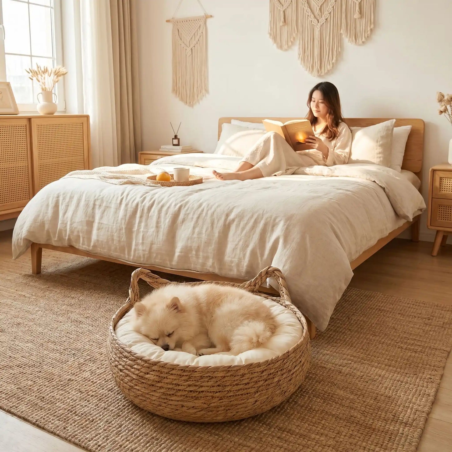 Panière-chien-chiot-osier-taille-xs pour chiot et chien de race naine ou petite de 0 à 3 kg avec coussin intérieur matelassé épais et rembourré 100% coton haute densité , matériaux 100% naturels, hypoallergénique et écoresponsable , lavable en machine-un Loulou de poméranie qui dort en boule confortablement dans son panier en osier rond sur le coussin avec rebord épais et moelleux de couleur blanc au pied du lit de sa maitresse dans la chambre de l'appartement