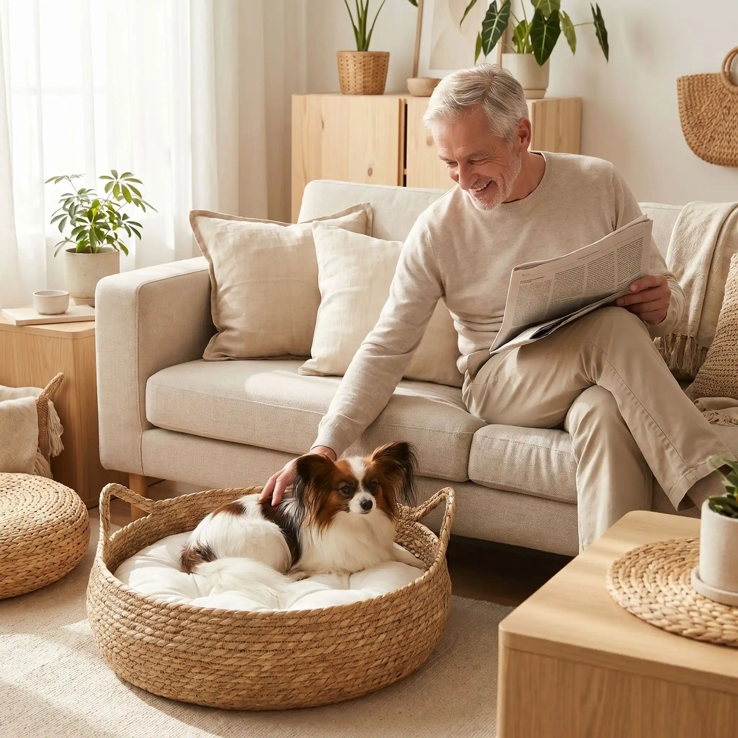 Panière-chien-chiot-osier-taille-xs pour chiot et chien de race naine ou petite de 0 à 3 kg avec coussin intérieur matelassé épais et rembourré 100% coton haute densité lavable en machine-un chien de race naine couché confortablement dans son panier en osier rond sur le coussin avec rebord épais et moelleux de couleur blanc au pied de son maitre assis sur le canapé qui le caresse avec amour dans le salon de l'appartement