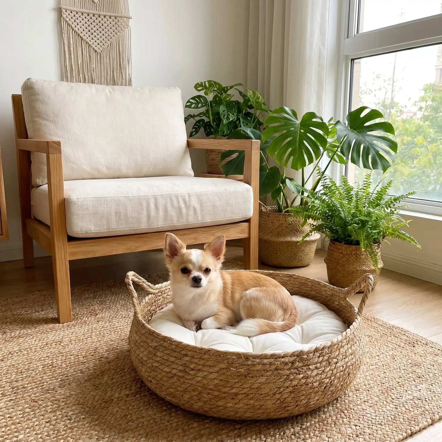 Panière-chien-chiot-osier-taille-xs pour chiot et chien de race naine ou petite de 0 à 3 kg avec coussin intérieur matelassé épais et rembourré 100% coton haute densité , matériaux 100% naturels, hypoallergénique et écoresponsable , lavable en machine-un chihuahua couché confortablement dans son panier en osier rond sur le coussin avec rebord épais et moelleux de couleur blanc au pied du lit de sa maitresse dans le salon  de l'appartement