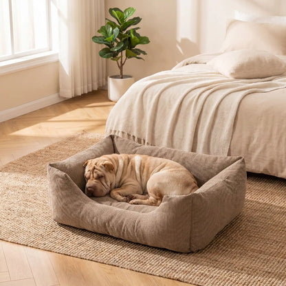 Paniers- pour chiens chiots entièrement déhoussable et lavable en machine, et 5 coussins ergonomiques 100% coton haute résilience à mémoire de forme, imperméable et antidérapant, avec rebords surélevés et housse  imperméable résistante aux griffes, intérieur en velours hypoallergénique, ultra-doux et solide disponible en 3 tailles S, M et L pour chiot et chien de 0 à 20 kilos max-un chien moyen qui dort paisiblement dans le panier moelleux ,douillet et entourant en tissu marron dans la chambre de la maison