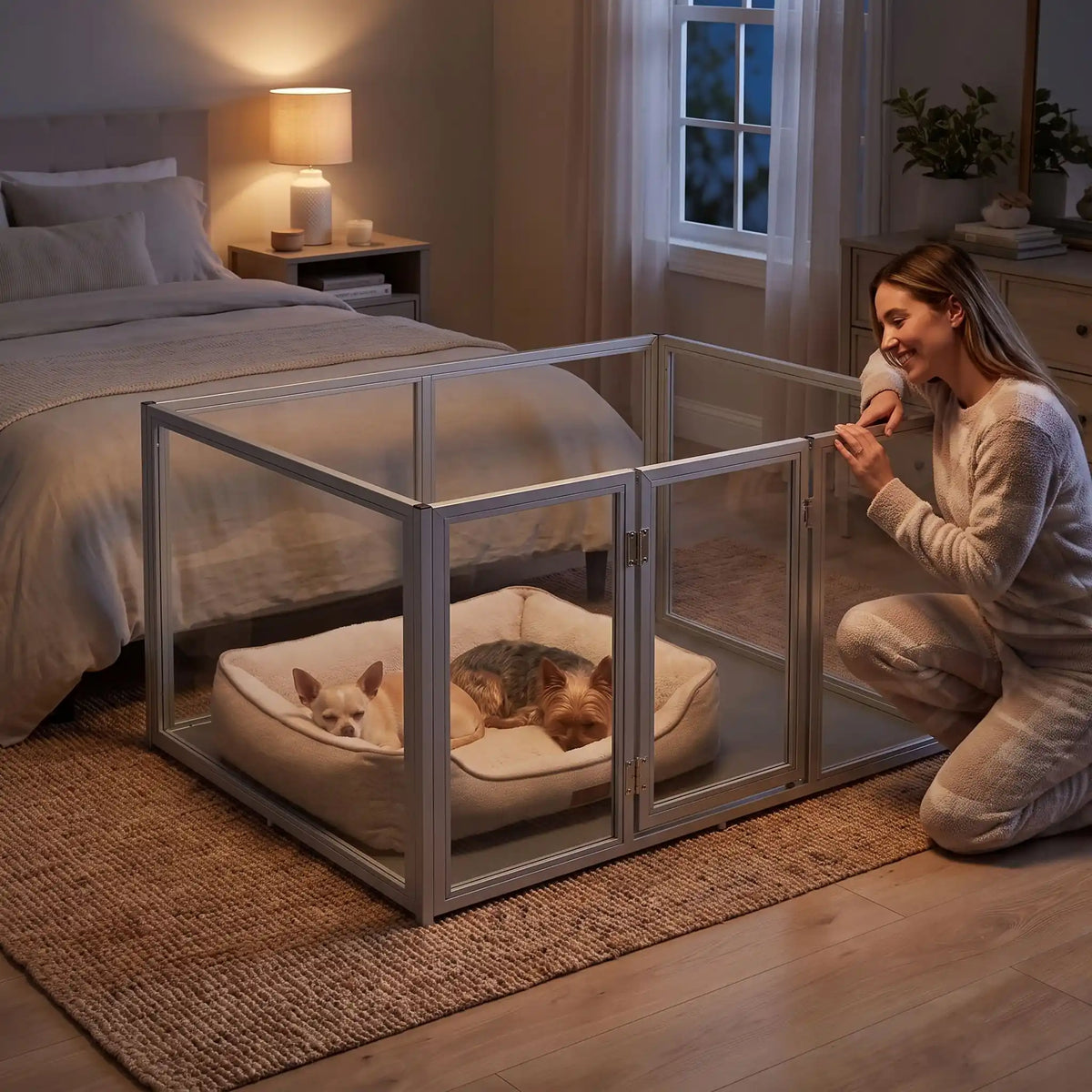 Parc-pour-chien et chiot intérieur avec cloisons-transparentes et sa structure aluminium aéronautique inoxydable , modulable en carré ou rectangulaire, porte double verrou, vision 360° anti stress et anti anxiété pour les mises à bas, chiot, chien de petite et moyenne taille, modèle xxl de 122x122x61 cm-une maitresse qui regarde ses deux petits chiens qui dorment dans leur parc xl avec cloisons transparentes pour une vision 360° , anti morsure avec ses parois lisses et anti évasion et sa porte verouillée
