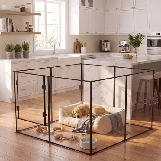 Parc-intérieur-pour-chien-chiot-cloisons-transparentes avec sa structure aluminium aéronautique , modulable en forme carré ou rectangulaire, avec porte verrouillable, vision 360° anti stress et anti anxiété pour les mises à bas, chiot, chien de petite et moyenne taille, disponible en deux modèles de 122x122x61cm et 122x122x76,5 cm- un chiot qui dort paisiblement dans son parc avec cloisons transparentes pour une vision 360° , anti morsure avec ses parois lisses et anti évasion et sa porte verouillée 