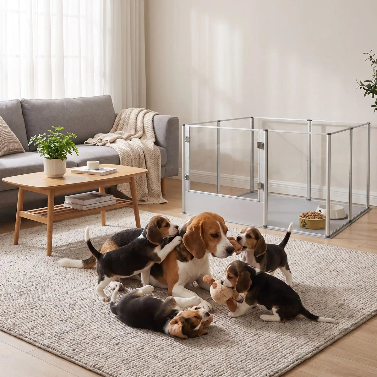 Parc-pour-chien et chiot intérieur avec cloisons-transparentes et sa structure aluminium aéronautique , modulable en forme carré ou rectangulaire, porte double verrou, vision 360° anti stress et anti anxiété pour les mises à bas, chiot, chien de petite, moyenne et grande taille, modèle xxl de 132x132x80,5 cm-un chien et ses chiots couchés confortablement vers leur parc avec cloisons transparentes pour une vision 360° , anti morsure avec ses parois lisses et anti évasion et sa porte verouillée dans le salon