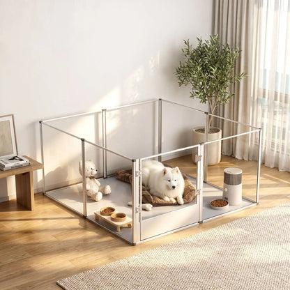 Parc-pour-chien et chiot intérieur avec cloisons-transparentes et sa structure aluminium aéronautique , modulable en forme carré ou rectangulaire, porte double verrou, vision 360° anti stress et anti anxiété pour les mises à bas, chiot, chien de petite, moyenne et grande taille, modèle xxl de 132x132x80,5 cm-un chien moyen couché confortablement dans son parc xxl avec cloisons transparentes pour une vision 360° , anti morsure avec ses parois lisses et anti évasion et sa porte verouillée dans le salon 