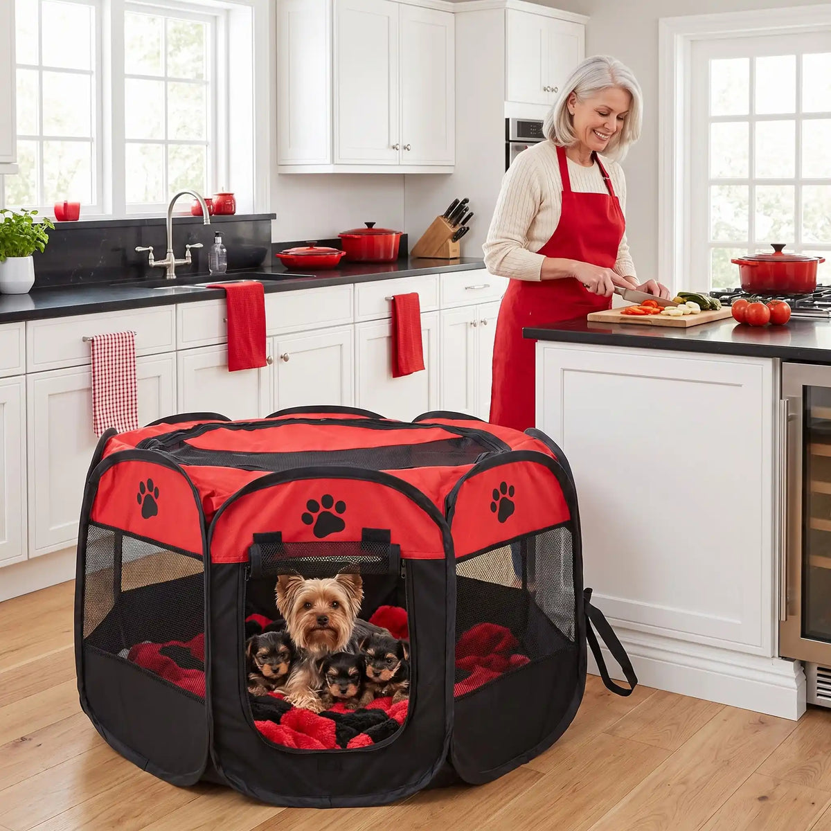 Parc-pour-chien-pliable-chiot-imperméable de forme octogonal en tissu oxford résistant et maille respirante pour une visibilité et ventilation à 360°  niche ou tente entourante avec toit amovible anti-insectes et fond pvc solide et 100% imperméable, structure en tiges d'acier, transport léger avec  poignée et rangement compact,disponible en 3 tailles M, L, XL avec design mignon de pattes de chien-un petit chien avec ses chiots couchés en sécurité dans le parc à côté de leur maitresse qui prépare le repas