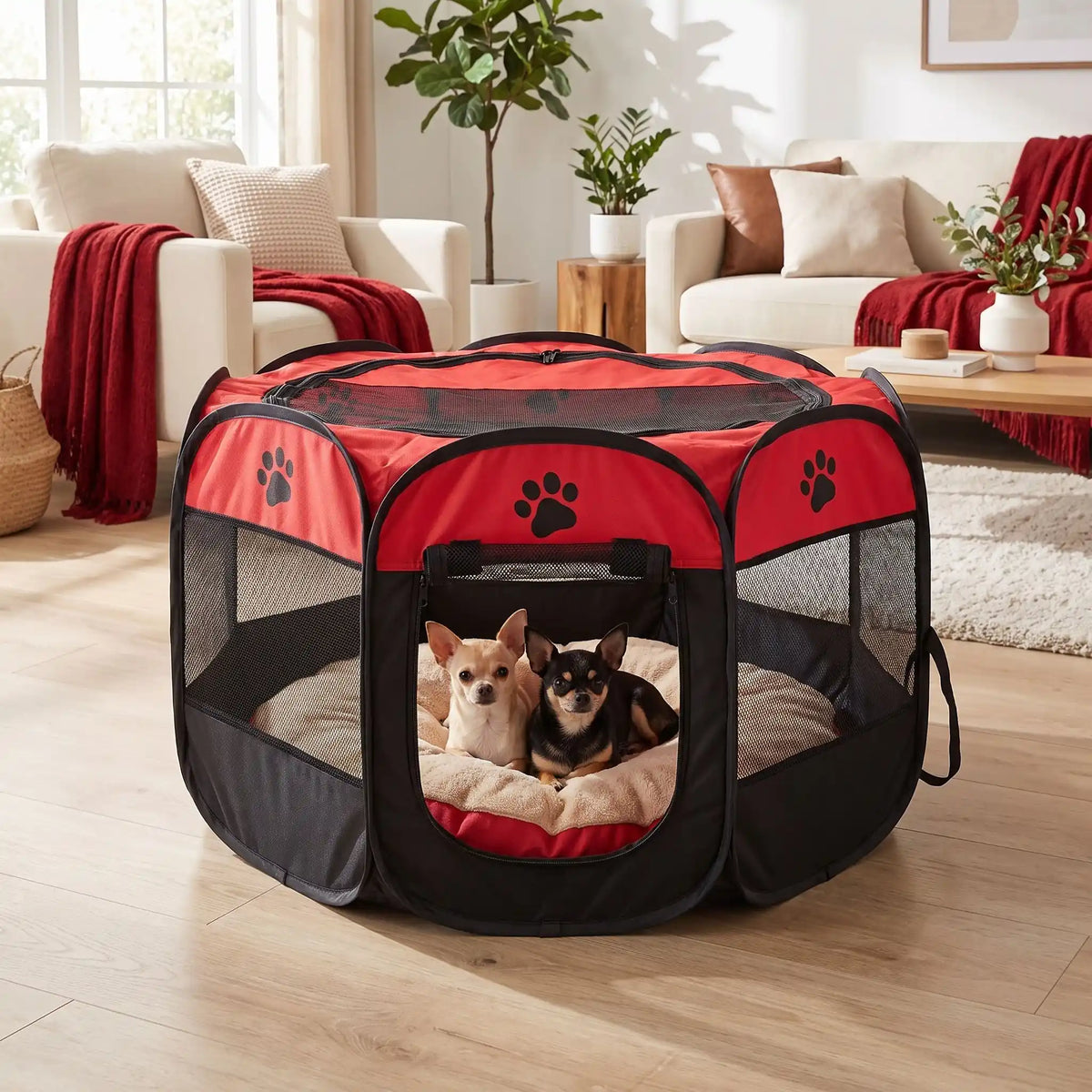 Parc-pour-chien-pliable-chiot-imperméable de forme octogonal en tissu oxford résistant et maille respirante pour une visibilité et ventilation à 360°  niche ou tente entourante avec toit amovible anti-insectes et fond pvc solide et 100% imperméable, structure en tiges d'acier, transport léger avec  poignée et rangement compact,disponible en 3 tailles M, L, XL avec design mignon de pattes de chien-deux chiens de race toys couché en sécurité dans le parc  avec sa porte ouverte dans le salon de la maison