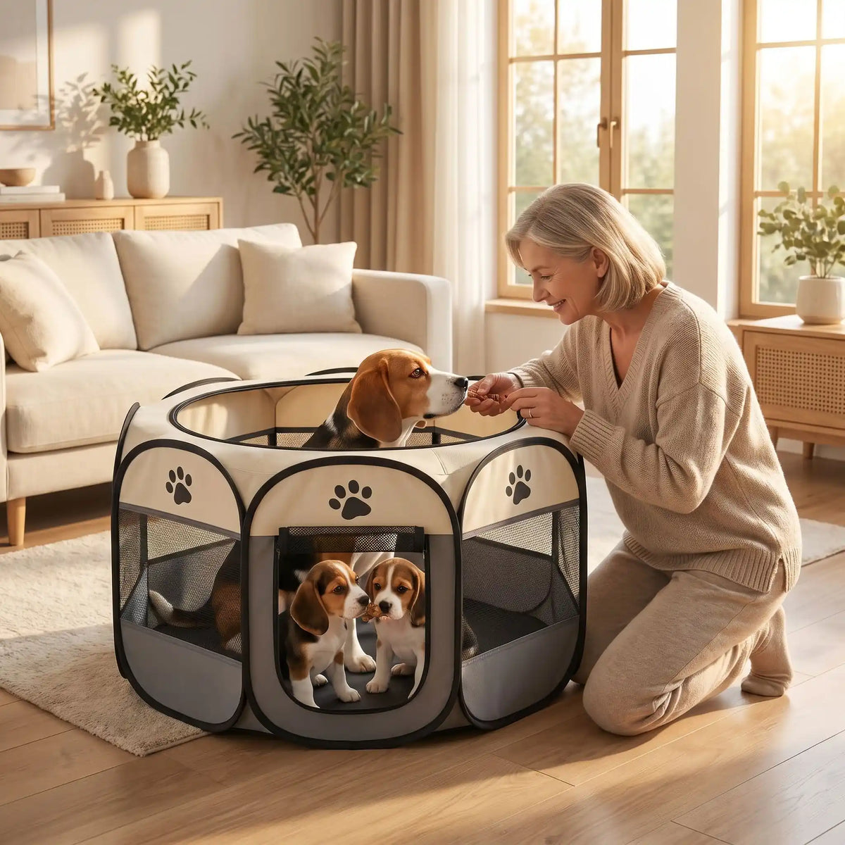 Parc-pour-chien-pliable-chiot-imperméable de forme octogonal en tissu oxford résistant et maille respirante pour une visibilité et ventilation à 360°  niche ou tente entourante avec toit amovible anti-insectes et fond pvc solide, lavable, structure en tiges d'acier, transport léger avec  poignée et rangement compact,disponible en 3 tailles M, L, XL avec design mignon de pattes de chien-une chienne avec ses chiots installés en toute sécurité dans le parc, qui fait un câlin à sa maitresse venu la voir 