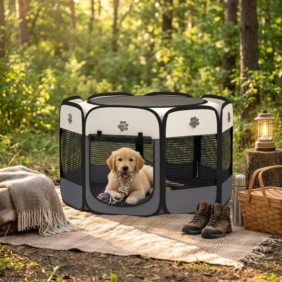 Parc-pour-chien-pliable-chiot-imperméable de forme octogonal en tissu oxford résistant et maille respirante pour une visibilité et ventilation à 360°  niche ou tente entourante avec toit amovible anti-insectes et fond pvc solide et 100% imperméable, structure en tiges d'acier, transport léger avec  poignée et rangement compact,disponible en 3 tailles M, L, XL avec design mignon de pattes de chien-un chiot qui joue en sécurité dans le parc gris et beige en  forêt avec ses maitres venus camper en plein air