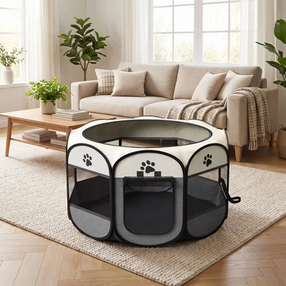 Parc-pour-chien-pliable-chiot-imperméable de forme octogonal en tissu oxford résistant et maille respirante pour une visibilité et ventilation à 360°  niche ou tente entourante avec toit amovible anti-insectes et fond pvc solide et 100% imperméable, structure en tiges d'acier, transport léger avec  poignée et rangement compact,disponible en 3 tailles M, L, XL avec design mignon de pattes de chien-gros plan sur le parc gris et beige pour chiot de toute tailles et chien adultes de petite à moyenne taille