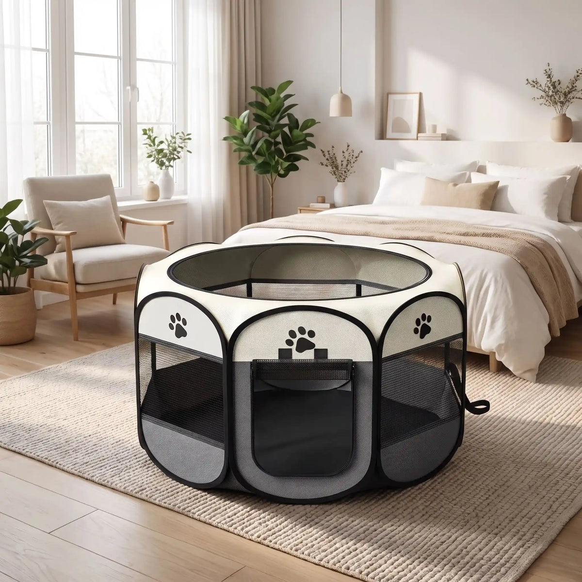 Parc-pour-chien-pliable-chiot-imperméable de forme octogonal en tissu oxford résistant et maille respirante pour une visibilité et ventilation à 360°  niche ou tente entourante avec toit amovible anti-insectes et fond pvc solide et 100% imperméable, structure en tiges d'acier, transport léger avec  poignée et rangement compact,disponible en 3 tailles M, L, XL avec design mignon de pattes de chien-gros plan sur le parc gris et beige pour chiot de toute tailles et chien adultes de petite à moyenne taille