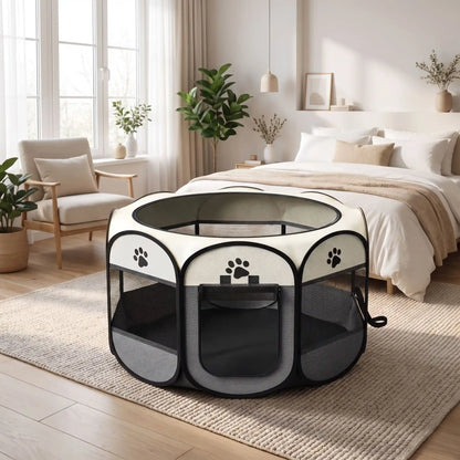 Parc-pour-chien-pliable-chiot-imperméable de forme octogonal en tissu oxford résistant et maille respirante pour une visibilité et ventilation à 360°  niche ou tente entourante avec toit amovible anti-insectes et fond pvc solide et 100% imperméable, structure en tiges d'acier, transport léger avec  poignée et rangement compact,disponible en 3 tailles M, L, XL avec design mignon de pattes de chien-gros plan sur le parc gris et beige pour chiot de toute tailles et chien adultes de petite à moyenne taille