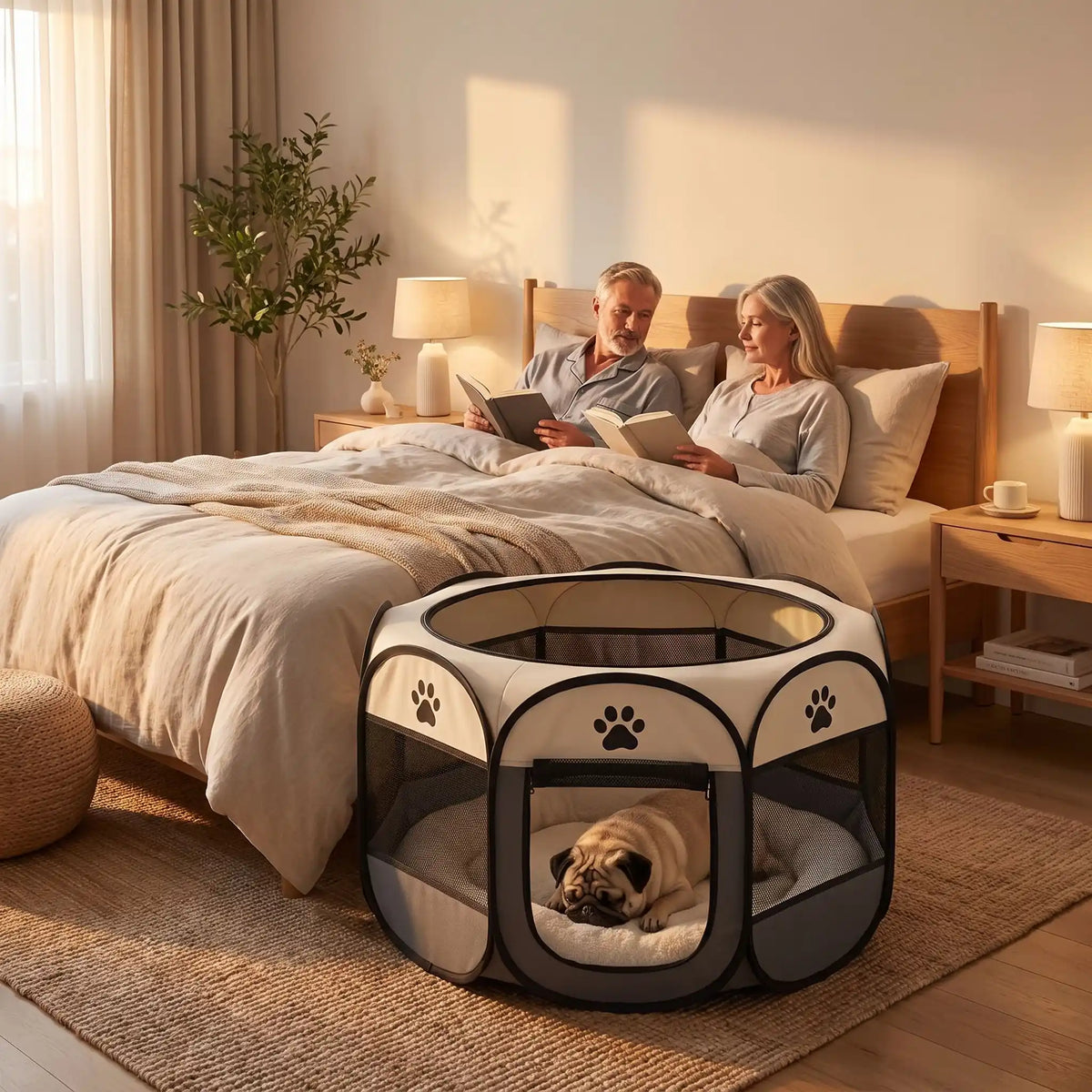 Parc-pour-chien-pliable-chiot-imperméable de forme octogonal en tissu oxford résistant et maille respirante pour une visibilité et ventilation à 360°  niche ou tente entourante avec toit amovible anti-insectes et fond pvc solide et 100% imperméable, structure en tiges d'acier, transport léger avec  poignée et rangement compact,disponible en 3 tailles M, L, XL avec design mignon de pattes de chien-un chien qui dort en sécurité dans le parc gris et beige avec sa porte ouverte au pied du lit de ses maitres 