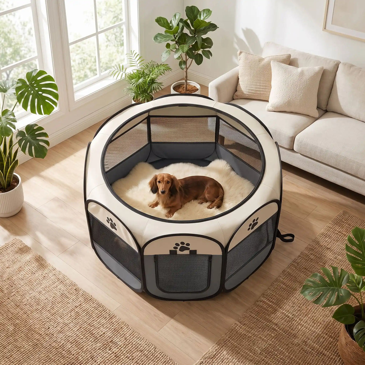 Parc-pour-chien-pliable-chiot-imperméable de forme octogonal en tissu oxford résistant et maille respirante pour une visibilité et ventilation à 360°  niche ou tente entourante avec toit amovible anti-insectes et fond pvc solide et 100% imperméable, structure en tiges d'acier, transport léger avec  poignée et rangement compact,disponible en 3 tailles M, L, XL avec design mignon de pattes de chien-un chien de petite race couché confortable dans le parc anti-stress gris et beige dans le salon de l'appartement