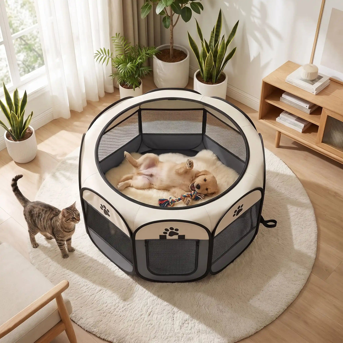 Parc-pour-chien-pliable-chiot-imperméable de forme octogonal en tissu oxford résistant et maille respirante pour une visibilité et ventilation à 360°  niche ou tente entourante avec toit amovible anti-insectes et fond pvc solide et 100% imperméable, structure en tiges d'acier, transport léger avec  poignée et rangement compact,disponible en 3 tailles M, L, XL avec design mignon de pattes de chien-un chiot qui joue en sécurité dans le parc gris et beige avec un chat qui l'observe de l'extérieur dans le salon