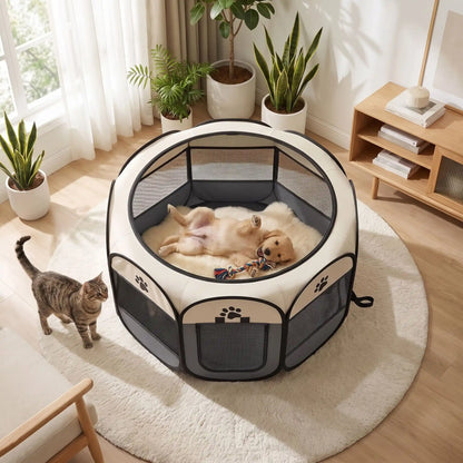 Parc-pour-chien-pliable-chiot-imperméable de forme octogonal en tissu oxford résistant et maille respirante pour une visibilité et ventilation à 360°  niche ou tente entourante avec toit amovible anti-insectes et fond pvc solide et 100% imperméable, structure en tiges d'acier, transport léger avec  poignée et rangement compact,disponible en 3 tailles M, L, XL avec design mignon de pattes de chien-un chiot qui joue en sécurité dans le parc gris et beige avec un chat qui l'observe de l'extérieur dans le salon