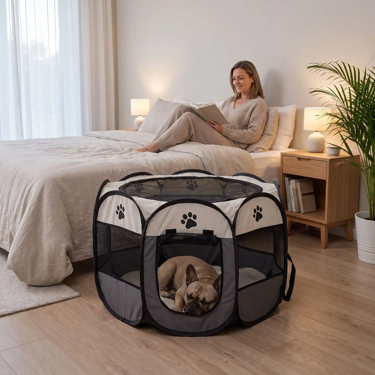 Parc-pour-chien-pliable-chiot-imperméable de forme octogonal en tissu oxford résistant et maille respirante pour une visibilité et ventilation à 360°  niche ou tente entourante avec toit amovible anti-insectes et fond pvc solide et 100% imperméable, structure en tiges d'acier, transport léger avec  poignée et rangement compact,disponible en 3 tailles M, L, XL avec design mignon de pattes de chien-un chien de race moyenne qui dort dans le parc gris avec sa porte ouverte au pied du lit de sa maitresse allongé