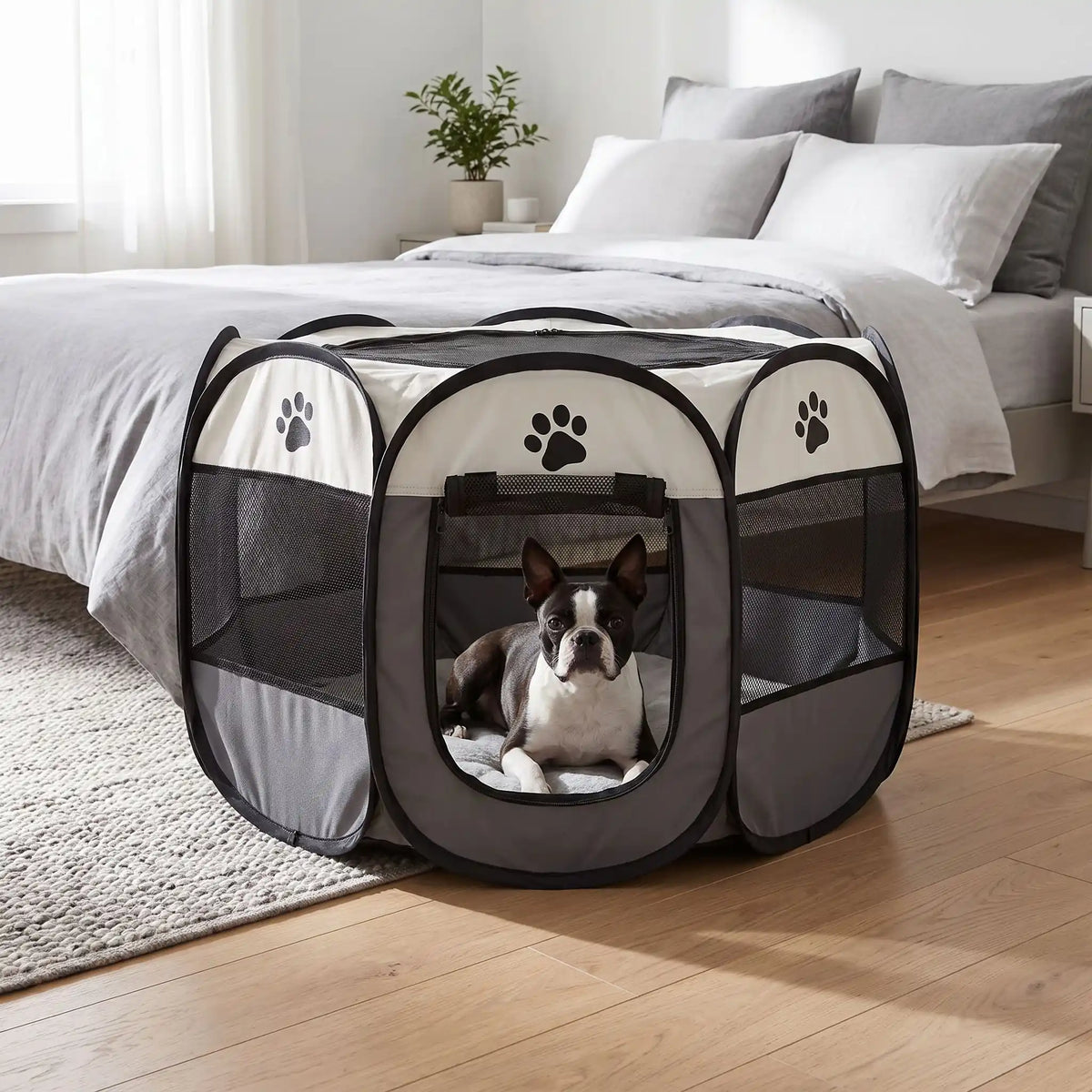 Parc-pour-chien-pliable-chiot-imperméable de forme octogonal en tissu oxford résistant et maille respirante pour une visibilité et ventilation à 360°  niche ou tente entourante avec toit amovible anti-insectes et fond pvc solide et 100% imperméable, structure en tiges d'acier, transport léger avec  poignée et rangement compact,disponible en 3 tailles M, L, XL avec design mignon de pattes de chien-un chien de race moyenne couché en sécurité dans le parc gris avec sa porte ouverte au pied du lit de ses maitre