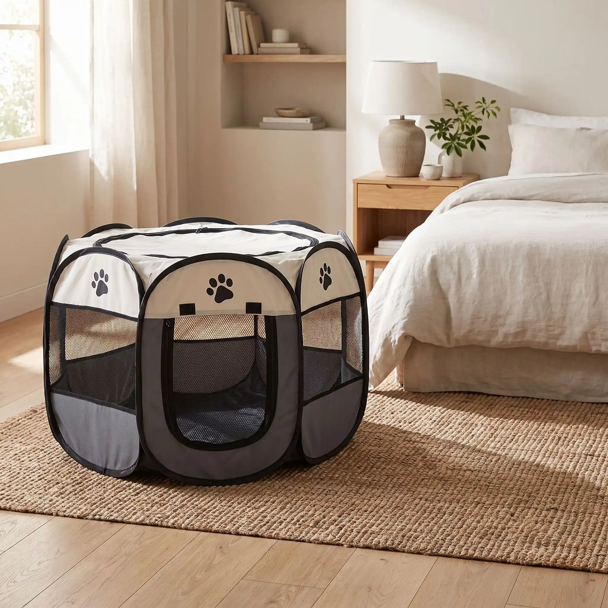 Parc-pour-chien-pliable-chiot-imperméable de forme octogonal en tissu oxford résistant et maille respirante pour une visibilité et ventilation à 360°  niche ou tente entourante avec toit amovible anti-insectes et fond pvc solide et 100% imperméable, structure en tiges d'acier, transport léger avec  poignée et rangement compact,disponible en 3 tailles M, L, XL avec design mignon de pattes de chien-gros plan sur le parc gris avec sa porte ouverte en maille respirante 360° dans la chambre de la maison 