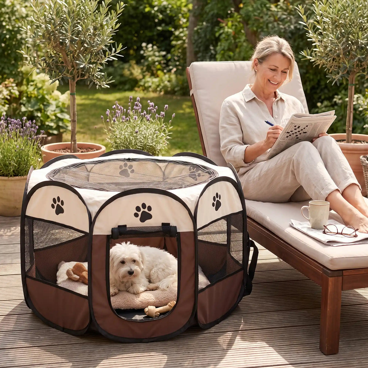 Parc-pour-chien-pliable-chiot-imperméable de forme octogonal en tissu oxford résistant et maille respirante pour une visibilité et ventilation à 360°  niche ou tente entourante avec toit amovible anti-insectes et fond pvc solide et 100% imperméable, structure en tiges d'acier, transport léger avec  poignée et rangement compact,disponible en 3 tailles M, L, XL avec design mignon de pattes de chien-un chienne couché en sécurité dans le parc marron avec toit au pied de sa maitresse allongée sur son transat 