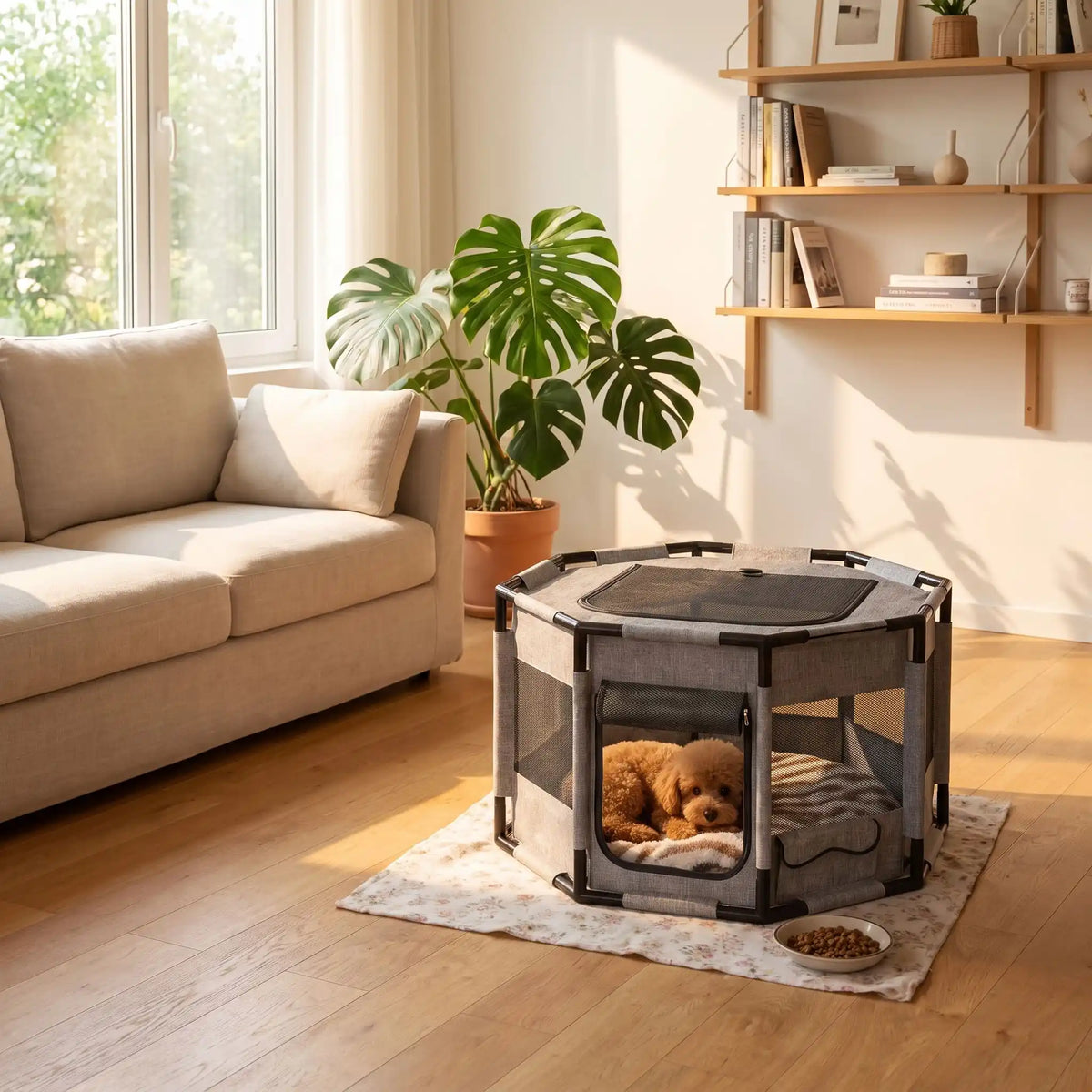 Parc-pour-chiot-pliable, imperméable de forme octogonal en tissu oxford résistant et maille respirante pour une visibilité et ventilation à 360°  niche ou tente entourante avec toit amovible anti-insectes et fond pvc solide et 100% imperméable, structure en PVC cylindrique épais , transport léger, démontable et lavable compact,disponible en 2 tailles M,et L- un chiot de race moyenne qui se repose paisiblement dans son parc cosy et stable avec porte et toit fermés dans le salon de l'appartement