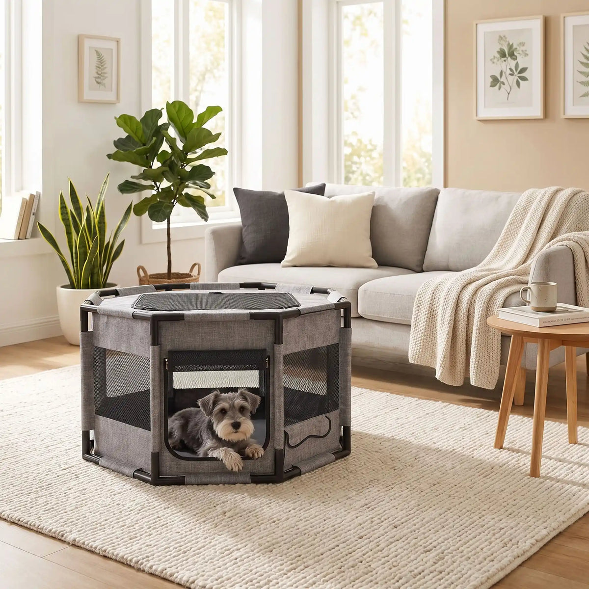 Parc-pour-chiot-pliable, imperméable de forme octogonal en tissu oxford résistant et maille respirante pour une visibilité et ventilation à 360°  niche ou tente entourante avec toit amovible anti-insectes et fond pvc solide et 100% imperméable, structure en PVC cylindrique épais , transport léger, démontable et lavable compact,disponible en 2 tailles M,et L- un chiot de petite race anxieux qui se niche en sécurité dans son parc cosy et stable avec porte ouverte et toit fermé dans le salon de l'appartement