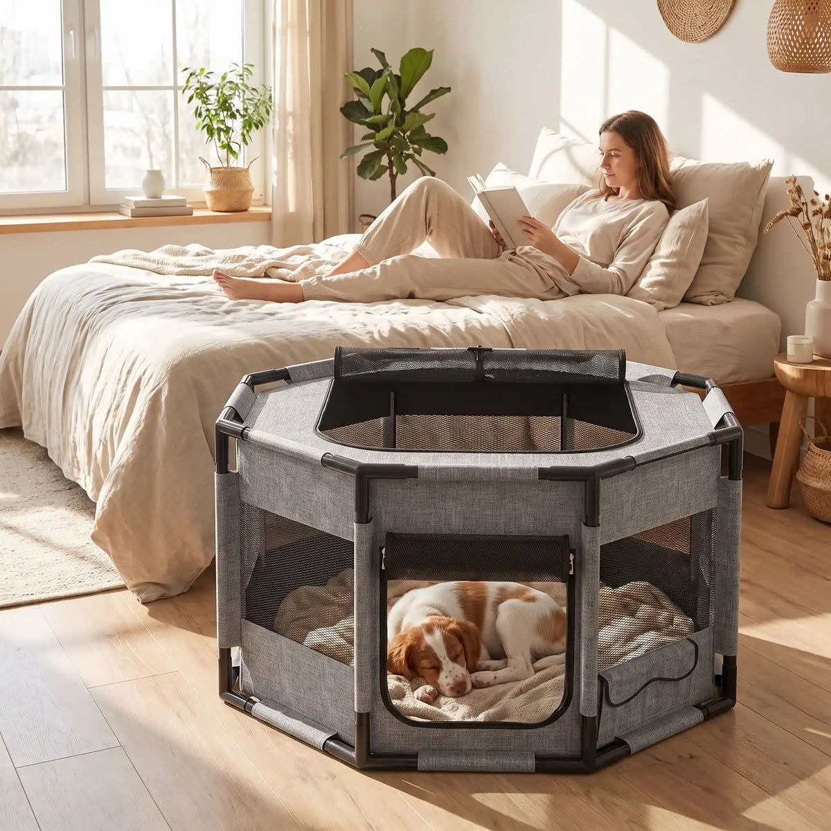 Parc-pour-chiot-pliable, imperméable de forme octogonal en tissu oxford résistant et maille respirante pour une visibilité et ventilation à 360°  niche ou tente entourante avec toit amovible anti-insectes et fond pvc solide et 100% imperméable, structure en PVC cylindrique épais , transport léger, démontable et lavable compact,disponible en 2 tailles M,et L- un chiot de race moyenne qui dort paisiblement dans son parc cosy au pied du lit de sa maitresse allongé qui lit son livre dans la chambre de la maison