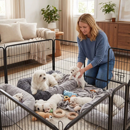 Parc-pour-petit-chien-chiot-modulable avec panneaux, 2 portes avec serrures sécurisés, adaptable en plusieur forme rectangulaire, hexagonal, carré ou en L pour les chiot et petit chien d'une hateur maximum de 40 cm du sol au haut de l'épaule du chien, dimensions généreuses et robuste, pour une utilisation intérieur et extérieur avec ses piquet de fixation, pliable et transportable-un petit chien et ses chiots couchés confortablement dans le parc en acier ou sa maitresse lui met un de ses petits en sécurité