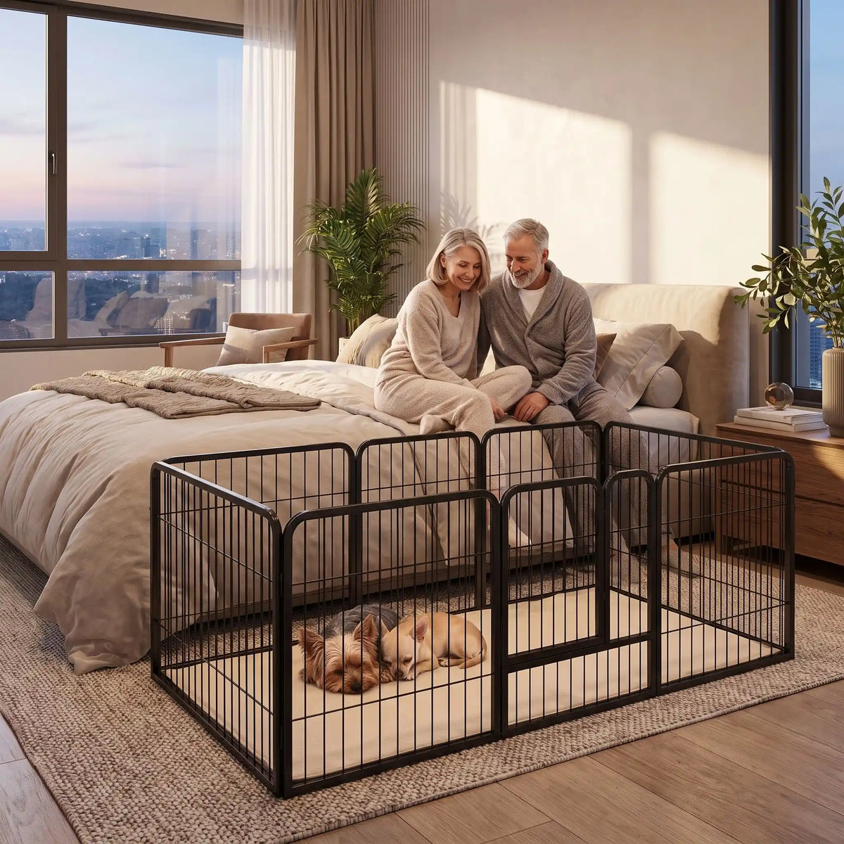 Parc-pour-petit-chien-chiot-modulable avec panneaux, 2 portes avec serrures sécurisés, adaptable en plusieur forme rectangulaire, hexagonal, carré ou en L pour les chiot et petit chien d'une hateur maximum de 40 cm du sol au haut de l'épaule du chien, dimensions généreuses et robuste, pour une utilisation intérieur et extérieur avec ses piquet de fixation, pliable et transportable-un chien de race toy et un petit chien qui dorment ensemble dans le parc en acier inxoydable noir au pied du lit de leur maitres