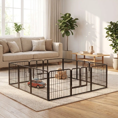 Parc-pour-petit-chien-chiot-modulable avec panneaux, 2 portes avec serrures sécurisés, adaptable en plusieur forme rectangulaire, hexagonal, carré ou en L pour les chiot et petit chien d'une hateur maximum de 40 cm du sol au haut de l'épaule du chien, dimensions généreuses et robuste, pour une utilisation intérieur et extérieur avec ses piquet de fixation, pliable et transportable-gros plan sur le parc pour chien en acier inxoydable noir en forme rectangulaire pour chien dans le salon de la maison