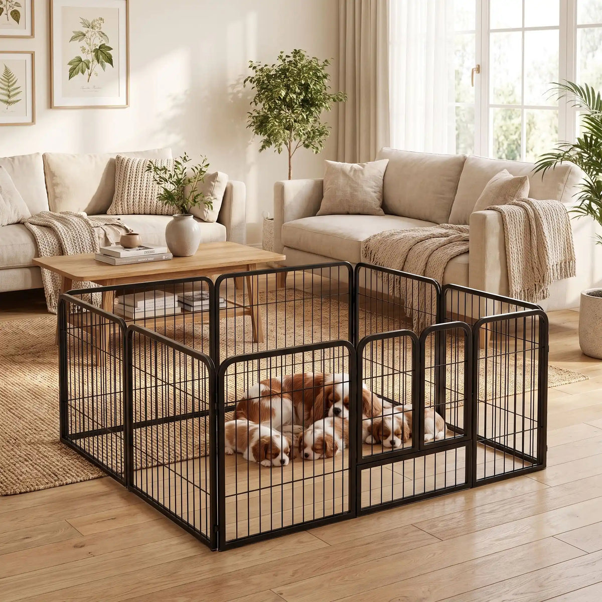 Parc-pour-petit-chien-chiot-modulable avec panneaux, 2 portes avec serrures sécurisés, adaptable en plusieur forme rectangulaire, hexagonal, carré ou en L pour les chiot et petit chien d'une hateur maximum de 40 cm du sol au haut de l'épaule du chien, dimensions généreuses et robuste, pour une utilisation intérieur et extérieur avec ses piquet de fixation, pliable et transportable-un chien de taille moyenne couché en toute sécurité avec ses chiots dans le parc en acier inxoydable noir dans le salon 