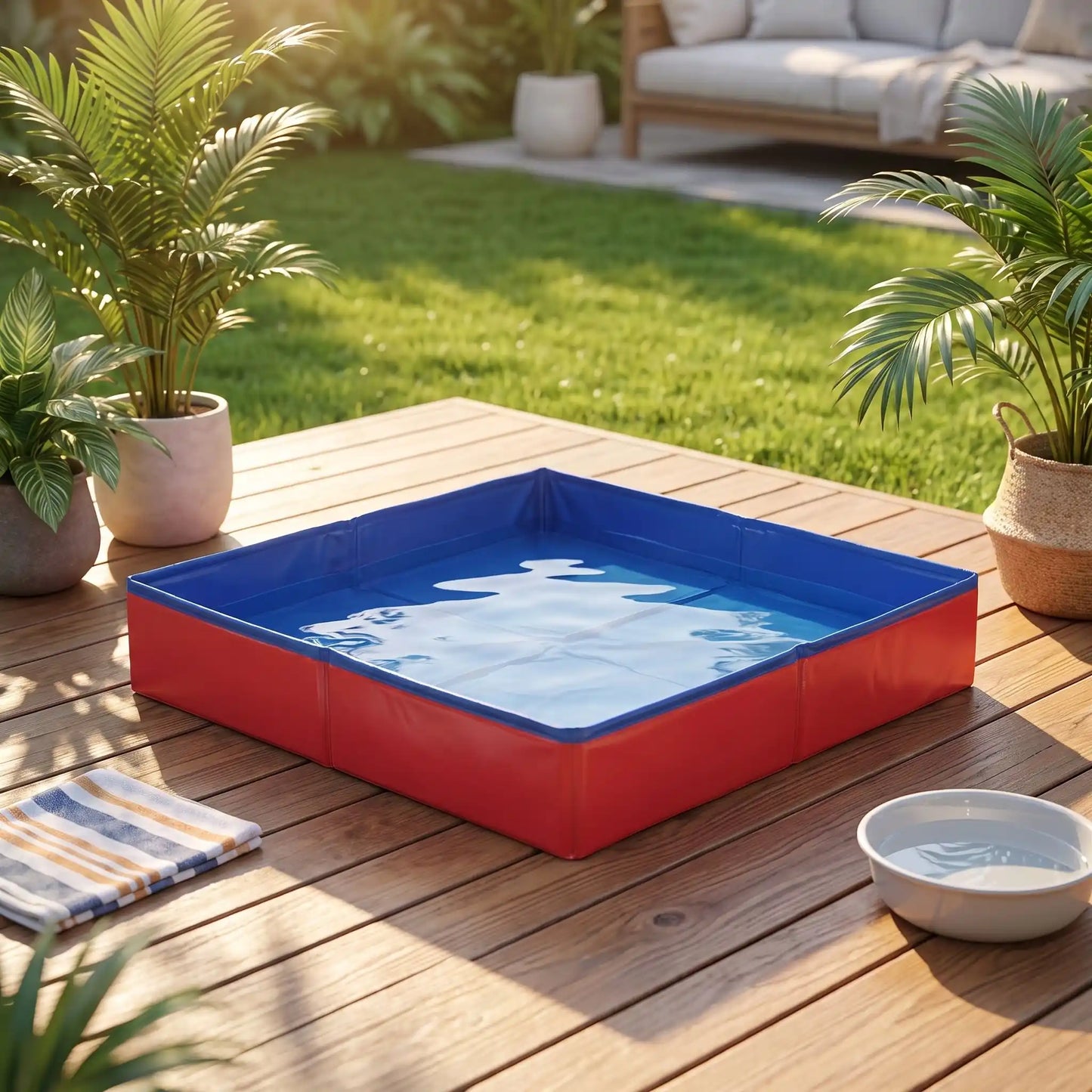 Pataugeoire-pour-chien-chiot-petite race, race toy et miniature, PVC renforcé, paroi rigide, pliable, compact, forme carré , fond antidérapant, résistante aux griffes, transportable, séchage rapide, anti-UV, en deux coloris bleu et rouge, pateaugeaoire pour les chiens plus grand-gros plan sur la pateaugoire de 50x50x10 cm avec bord rigide de couleur rouge pour chien et chiot