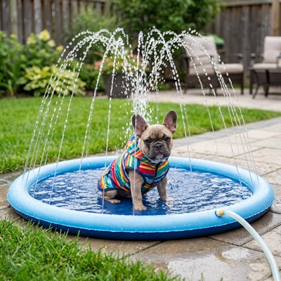 Pataugeoire-pour-chien-chiot-piscine, tapis d'eau rafraichissant avec jets d'eau de couleur bleue, PVC résistant antidérapant raccordable à un tuyau d'arrosage avec adaptateur universel, pas besoin d'outil ni de glonflage,n installation immédiate, en 3 tailles S, L et XL de diamètre de 100 /150 et 200 cm pour chien et chiot de petite à grande taille-un chien de taille moyenne qui se rafraichit au milieu de la pataugeoire bleu avec jet dans le jardin de la maison en été