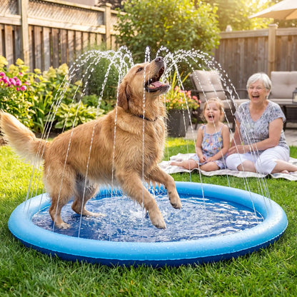 Pataugeoire-pour-chien-chiot-piscine, tapis d'eau rafraichissant avec jets d'eau de couleur bleue, PVC résistant antidérapant raccordable à un tuyau d'arrosage avec adaptateur universel, pas besoin d'outil ni de glonflage,n installation immédiate, en 3 tailles S, L et XL de diamètre de 100 /150 et 200 cm pour chien et chiot de petite à grande taille-un grand chien qui se rafraichit et boit les jet d'eau de la pataugeoire bleue sous le regard amusé d'une petite fille et sa mamie dans le jardin en été