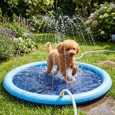 Pataugeoire-pour-chien-chiot-piscine, tapis d'eau rafraichissant avec jets d'eau de couleur bleue, PVC résistant antidérapant raccordable à un tuyau d'arrosage avec adaptateur universel, pas besoin d'outil ni de glonflage,n installation immédiate, en 3 tailles S, L et XL de diamètre de 100 /150 et 200 cm pour chien et chiot de petite à grande taille-un chien de petite taille qui se rafraichit et d'amuse au milieu de la pataugeoire bleu avec jet dans le jardin de la maison en été