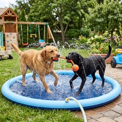 Pataugeoire-pour-chien-chiot-piscine, tapis d'eau rafraichissant avec jets d'eau de couleur bleue, PVC résistant antidérapant raccordable à un tuyau d'arrosage avec adaptateur universel, pas besoin d'outil ni de glonflage,n installation immédiate, en 3 tailles S, L et XL de diamètre de 100 /150 et 200 cm pour chien et chiot de petite à grande taille-un deux grand chien qui se rafraichissent en jouant dans la pataugeoire bleu avec jet de 200 cm de diamètre dans le jardin de la maison en été