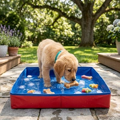 Pataugeoire-pour-chien-chiot-petite race, race toy et miniature, PVC renforcé, paroi rigide, pliable, compact, forme carré , fond antidérapant, résistante aux griffes, transportable, séchage rapide, anti-UV, en deux coloris bleu et rouge, pateaugeaoire pour les chiens plus grand-un chiot de race moyenne qui se rafraichir les pates dans la pateaugoire de 50x50x10 cm avec bord rigide mouillé avec des jouets flottant dans le bassin sur la terasse de la maison de location de vacances en été