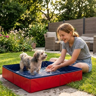 Pataugeoire-pour-chien-chiot-petite race, race toy et miniature, PVC renforcé, paroi rigide, pliable, compact, forme carré , fond antidérapant, résistante aux griffes, transportable, séchage rapide, anti-UV, en deux coloris bleu et rouge, pateaugeaoire pour les chiens plus grand-un chiot de petite race qui se baigne dans la pateaugoire de 50x50x10 cm avec bord rigide mouillé avec une jeune fille qui joue avec l'eau en rigolant avec lui dans le jardin de la maison