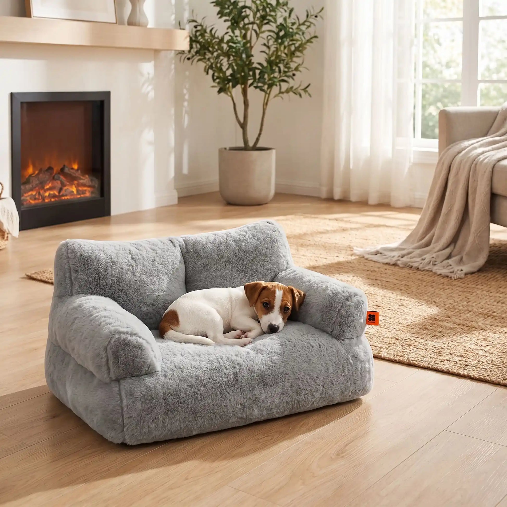 Petit-canapé-pour-chien-chiot-déhoussable en peluche lavable en machine, antidérapante et imperméable de couleur gris, rembourrage 100% coton haute densité ergonomique avec dossier et accoudoirs enveloppant pour chiot et chien de petite race de 0 à 7 kilos max-un chiot de petite race couché confortablement dans son petit canapé gris foncé épais et rembourré 100% coton haute résilience ergonomique dans le salon de l'appartement