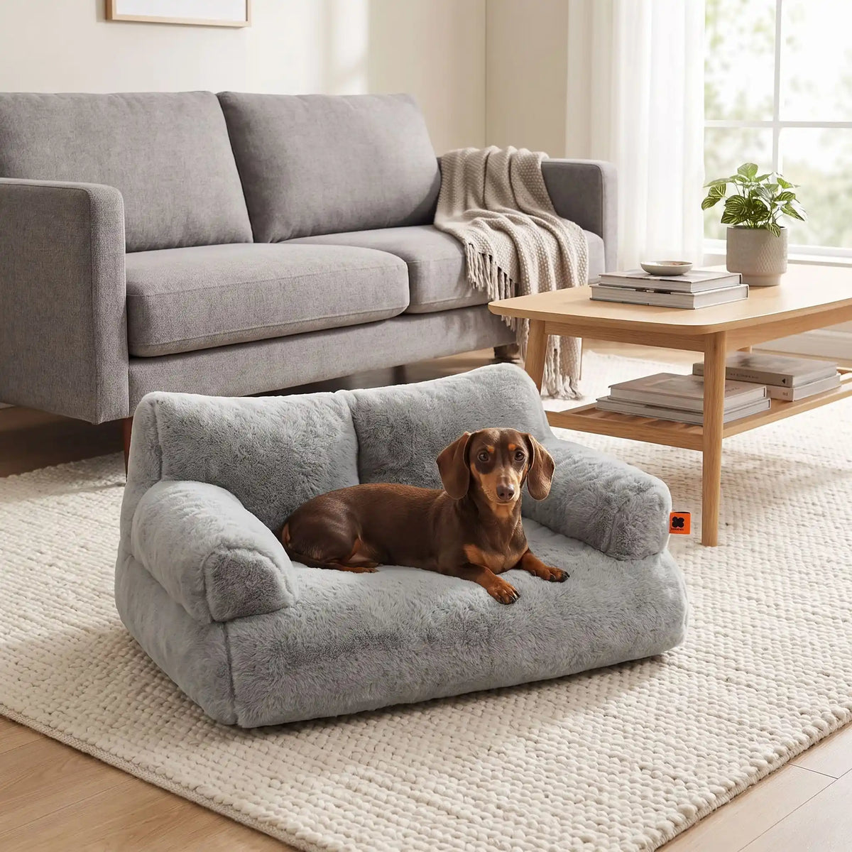 Petit-canapé-pour-chien-chiot-déhoussable en peluche lavable en machine, antidérapante et imperméable de couleur gris, rembourrage 100% coton haute densité ergonomique avec dossier et accoudoirs enveloppant pour chiot et chien de petite race de 0 à 7 kilos max-un chien de race miniature couché confortablement dans son petit canapé gris foncé épais et rembourré 100% coton haute résilience ergonomique dans le salon de l'appartement 