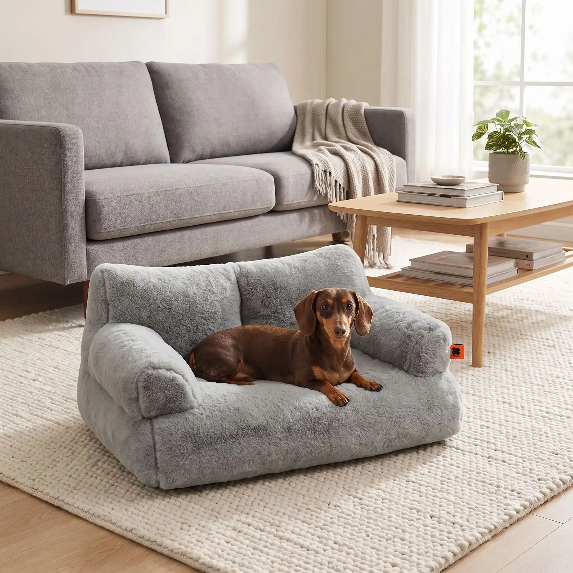 Petit-canapé-pour-chien-chiot-déhoussable en peluche lavable en machine, antidérapante et imperméable de couleur gris, rembourrage 100% coton haute densité ergonomique avec dossier et accoudoirs enveloppant pour chiot et chien de petite race de 0 à 7 kilos max-un chien de race miniature couché confortablement dans son petit canapé gris foncé épais et rembourré 100% coton haute résilience ergonomique dans le salon de l'appartement 