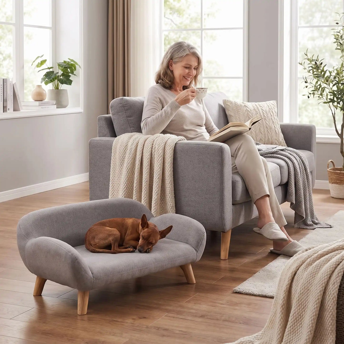 Petit-canape-pour-chien-chiot-design de couleur gris, dossier et accoudoirs arrondis dans un style scandinave, tissu résistant aux griffes, rembourrage 100% coton haute densité pour un confort optimal, structure en bois massif et surélevé avec 4 pieds en bois massif pour chiot et chien de 0 à 8 kilos-un chien de race naine qui dort paisiblement sur son canapé gris design sur pied en bois massif et rembourrage en éponge coton ergonomique au pied de sa maitresse assise sur son propre canapé dans le salon 
