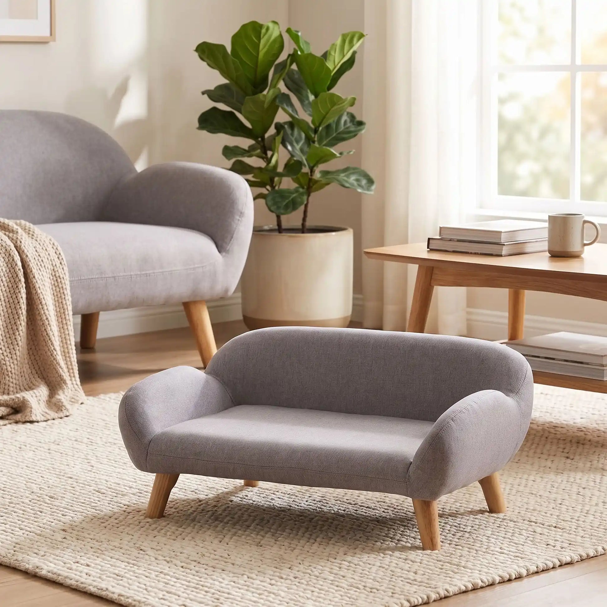 Petit-canape-pour-chien-chiot-design de couleur gris, dossier et accoudoirs arrondis dans un style scandinave, tissu résistant aux griffes, rembourrage 100% coton haute densité pour un confort optimal, structure en bois massif et surélevé avec 4 pieds en bois massif pour chiot et chien de 0 à 8 kilos-gros plan sur le petit canapé gris design compact sur pied en bois massif et rembourrage en éponge coton ergonomique pour petit chien dans le salon de l'appartement
