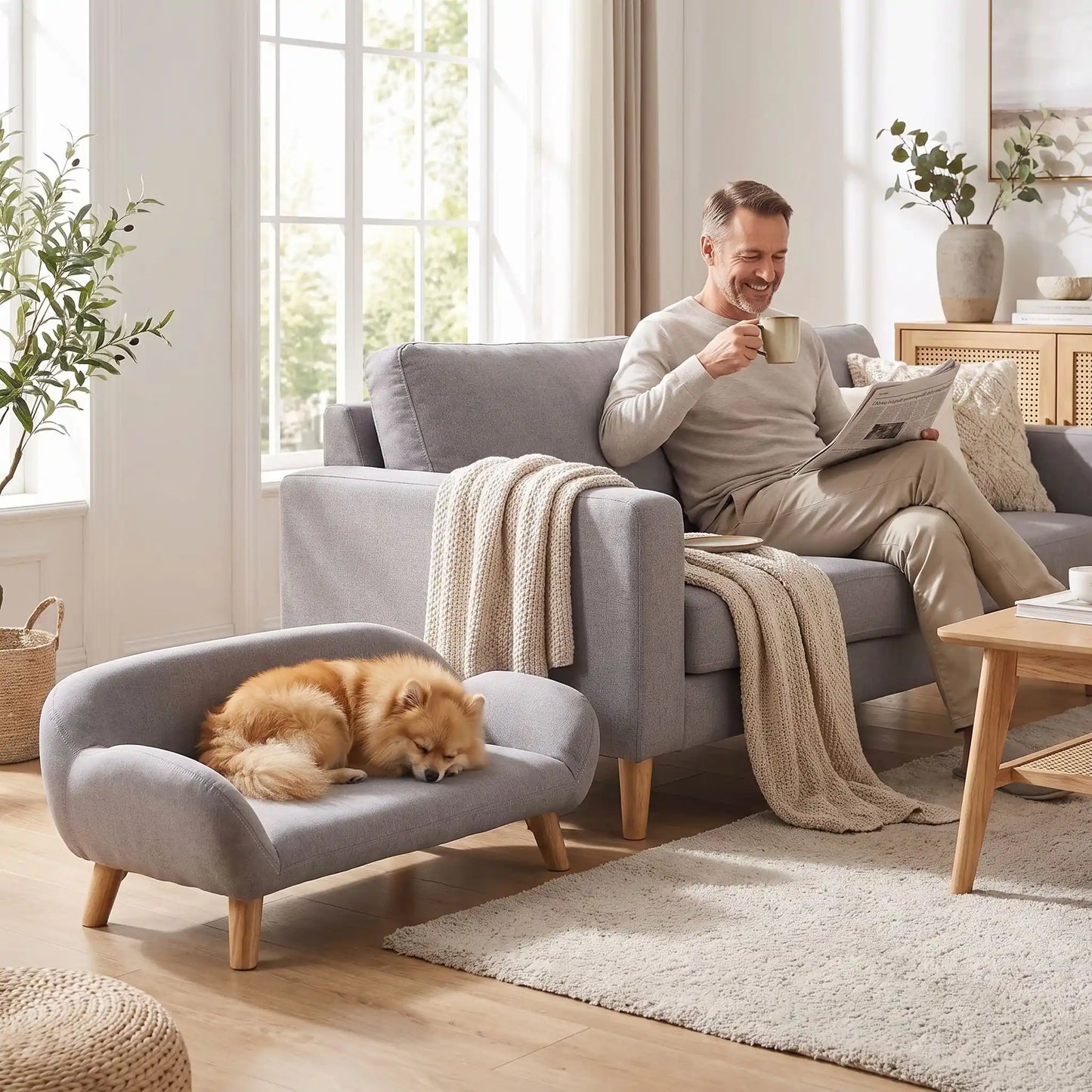 Petit-canape-pour-chien-chiot-design de couleur gris, dossier et accoudoirs arrondis dans un style scandinave, tissu résistant aux griffes, rembourrage 100% coton haute densité pour un confort optimal, structure en bois massif et surélevé avec 4 pieds en bois massif pour chiot et chien de 0 à 8 kilos-un chien de petite taille qui dort paisiblement sur son canapé gris design sur pied en bois massif et rembourrage en éponge coton ergonomique au pied de son maitre assis sur son propre canapé dans le salon 