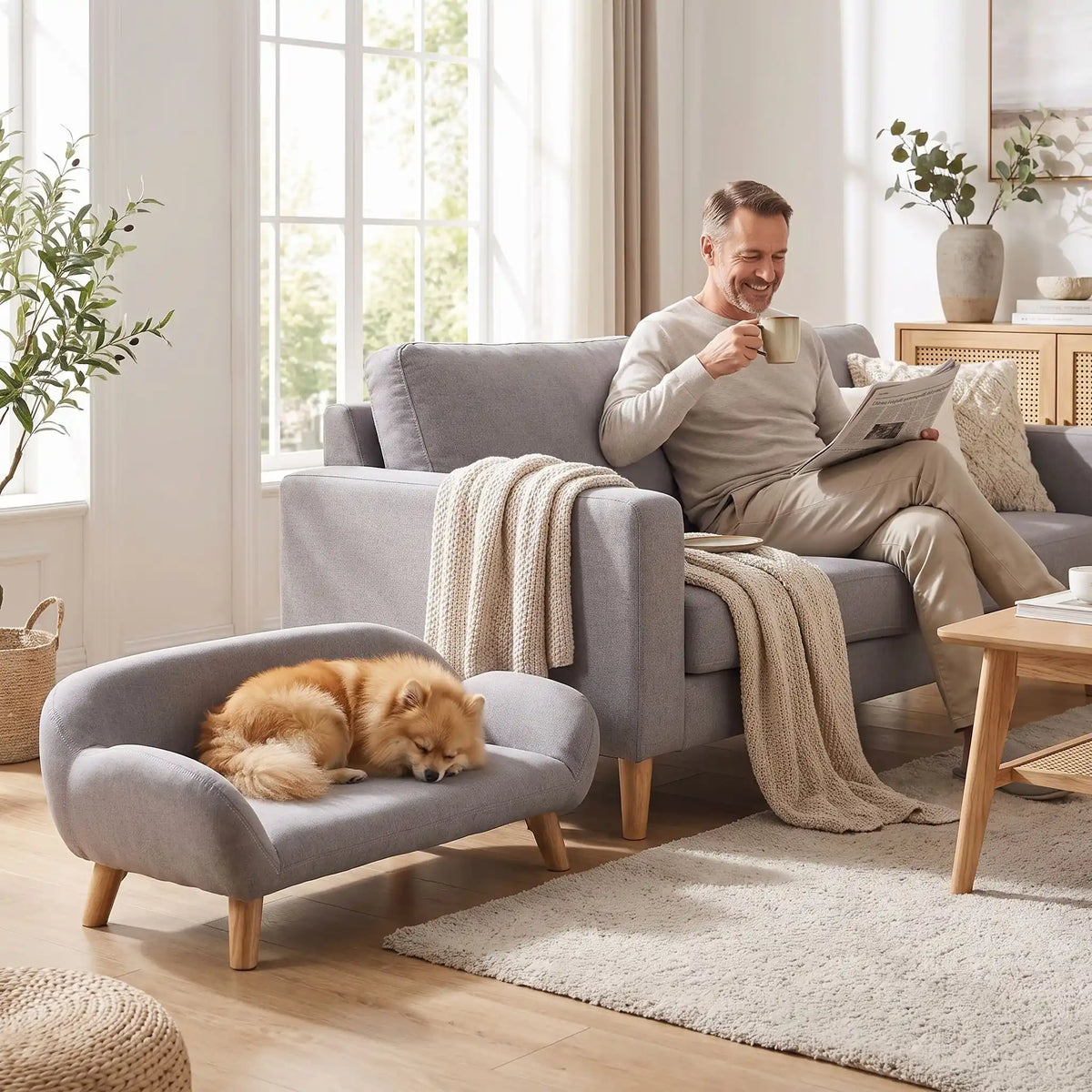 Petit-canape-pour-chien-chiot-design de couleur gris, dossier et accoudoirs arrondis dans un style scandinave, tissu résistant aux griffes, rembourrage 100% coton haute densité pour un confort optimal, structure en bois massif et surélevé avec 4 pieds en bois massif pour chiot et chien de 0 à 8 kilos-un chien de petite taille qui dort paisiblement sur son canapé gris design sur pied en bois massif et rembourrage en éponge coton ergonomique au pied de son maitre assis sur son propre canapé dans le salon 